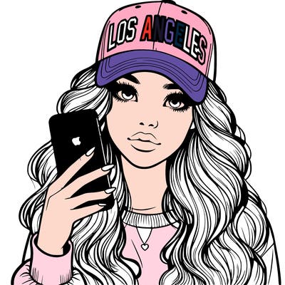 realistic beautiful girl wearing los ángeles cap holding an iphone