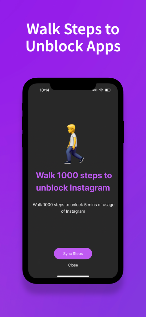 StepBloc: Screen Time Blocker - StepBloc mobile app interface requiring 1000 steps to unlock five minutes of Instagram usage