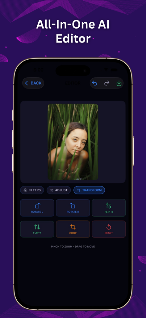 AI Photo Video Editor - Interfaz de la aplicación AI Photo Video Editor mostrando herramientas de transformación como rotar, recortar y voltear para edición de imágenes en el dispositivo
