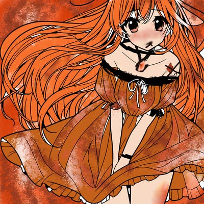 manga girl with long flowing hair and a dress that is pushed down