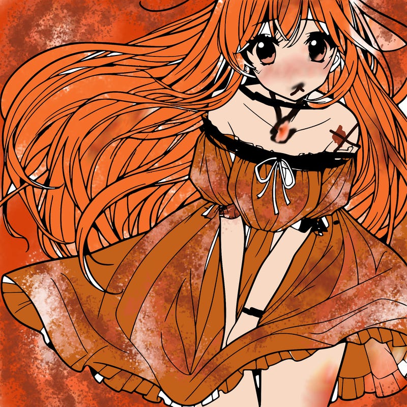 manga girl with long flowing hair and a dress that is pushed down