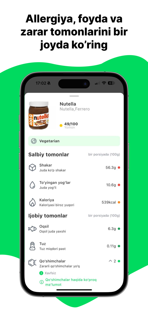 Sifatly: Product Scanner - Una pantalla de análisis de productos para Nutella en la aplicación Sifatly que muestra una puntuación nutricional y una lista de ingredientes positivos y negativos.