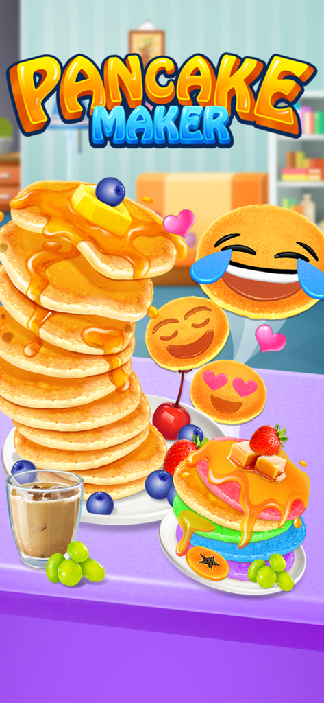 Colorful stack of syrup-covered pancakes and rainbow pancakes with cute emoji faces