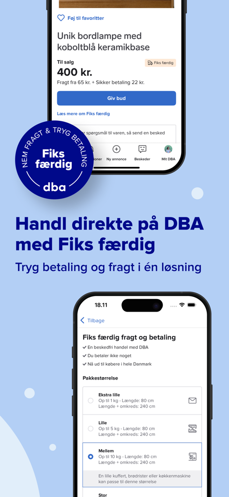 DBA: Den Blå Avis - DBAアプリのインターフェース。安全な支払いと配送機能が表示されています。