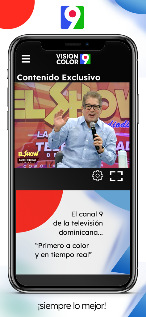 Interface de l'application mobile Color Vision Canal 9 montrant du contenu télévisuel dominicain exclusif