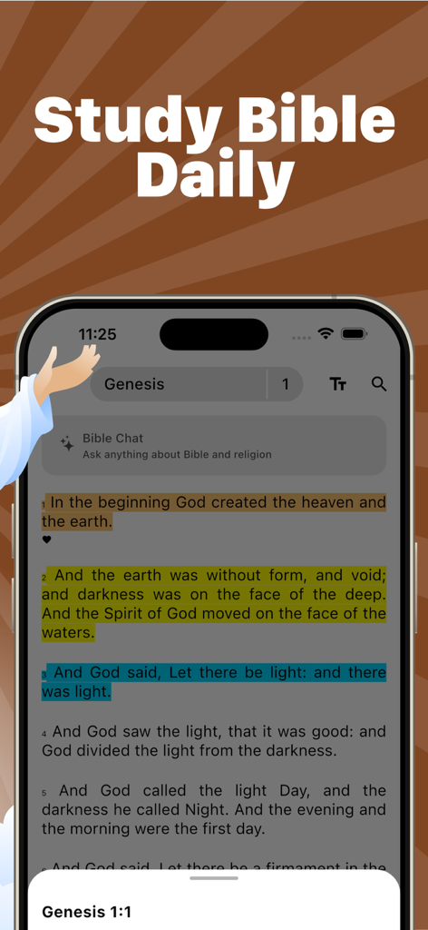Interfaz de la aplicación Heaven que muestra Génesis 1 con versículos resaltados y el texto Estudio Bíblico Diario
