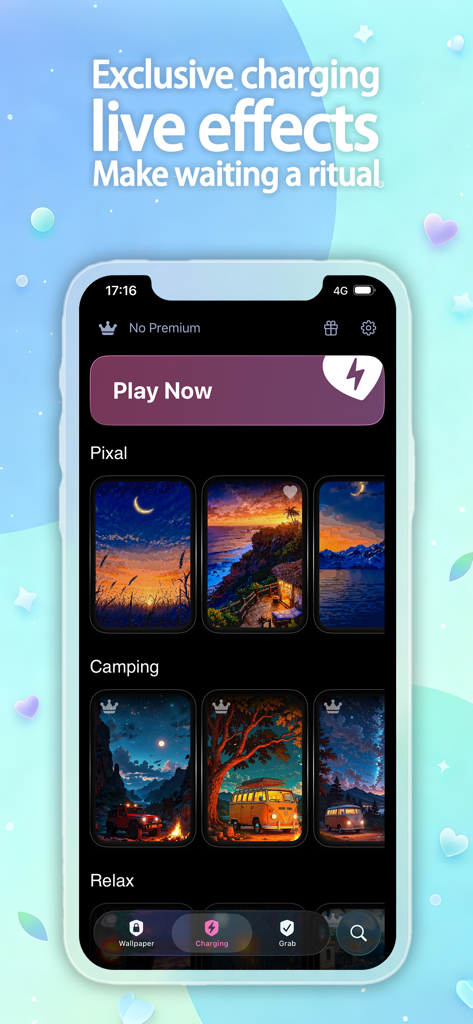 xLiveWallpaper - Video to Live - xLiveWallpaper app interface displaying exclusive charging live effects and landscape wallpaper categories like Pixel and Camping