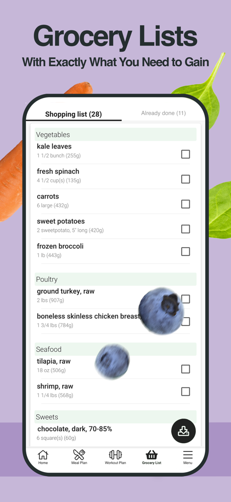 A mobile interface of The Weight Gain App displaying an organized grocery list with categories for vegetables poultry and seafood