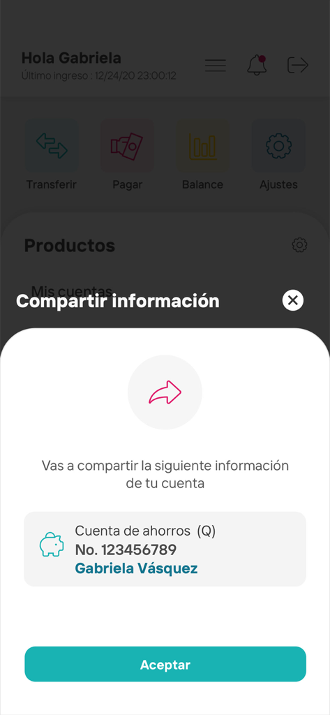 Bantrab mobile app popup for sharing account information.