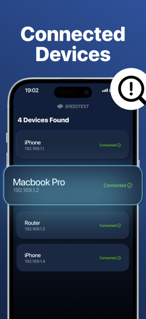Tela de smartphone mostrando uma lista de dispositivos conectados a uma rede WiFi, incluindo iPhones e um Macbook Pro.