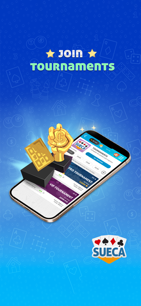 A smartphone screen displaying Sueca card game tournament options with a golden trophy icon.