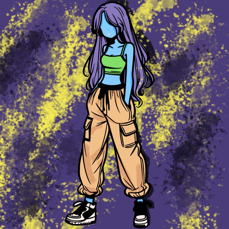 girl in baggy pants crop top and long hair