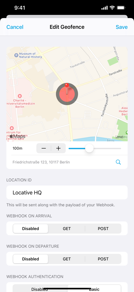 Locative: Geofence and Beacon - Interface of Locative app for editing a geofence with map selection and HTTP webhook trigger configuration