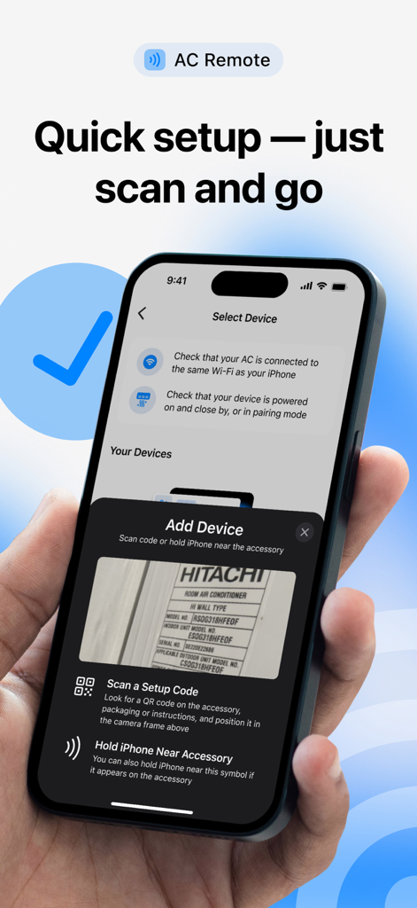 Tela do iPhone escaneando uma unidade de ar condicionado para configuração rápida do aplicativo.