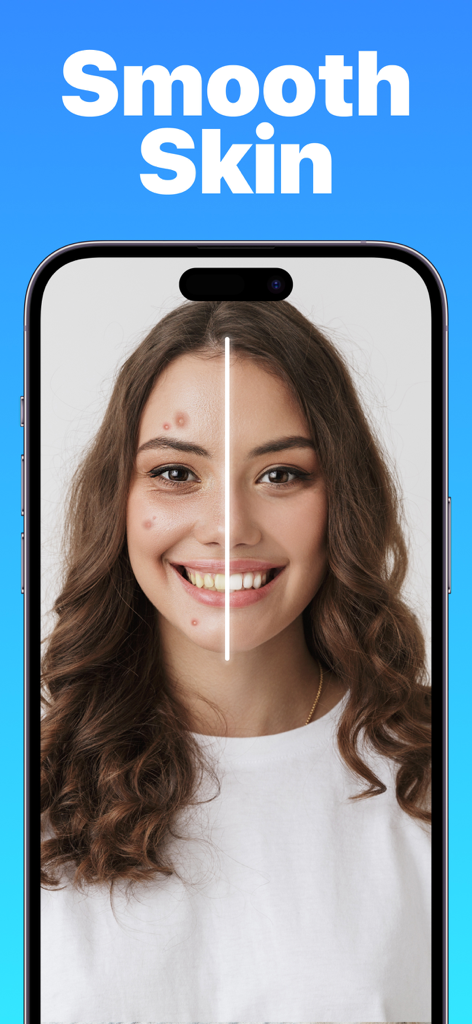 Confronto che mostra effetti di levigatura della pelle e sbiancamento dei denti sul selfie di una donna