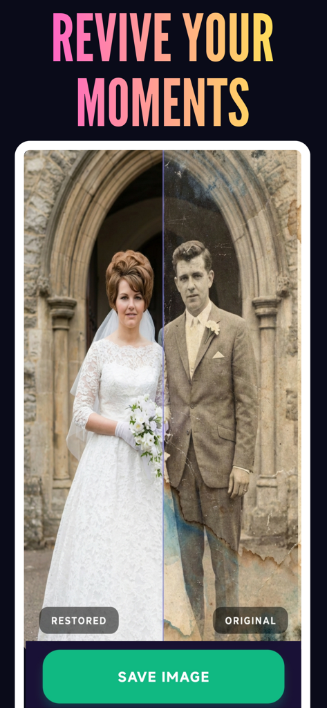Revive AI: Restore Old Photos - Before and after comparison of a vintage wedding photo being restored using Revive AI