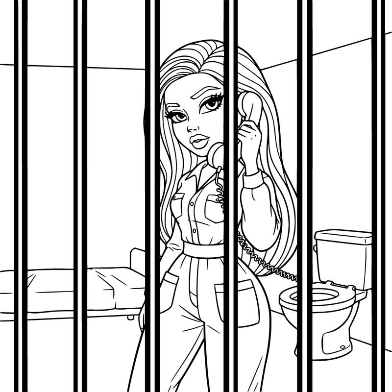 kylie jenner as a bratz/ barbie doll picking up the phone in a jail cell with beautiful long hair and lashes behind bars