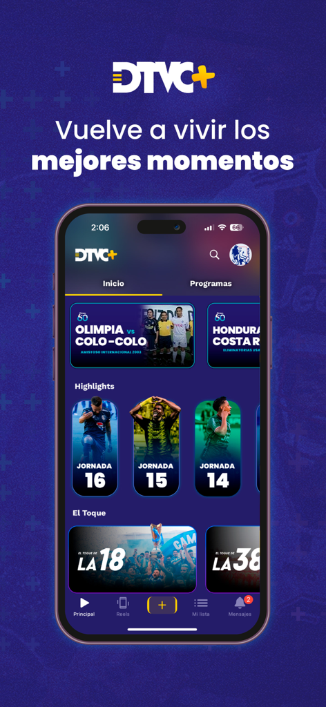 DTVC plus mobile app home screen showing Honduran soccer match highlights and historical game archives
