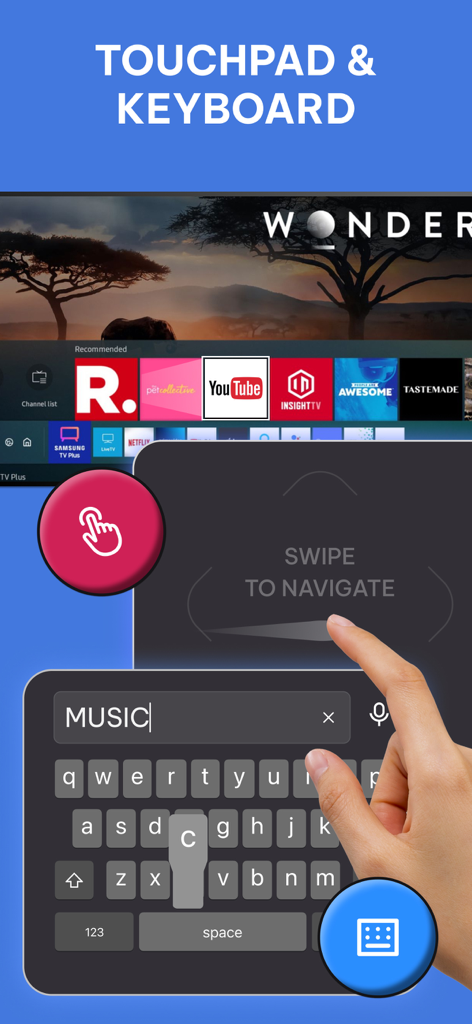 Universal TV Remote Voice AI - Interfaz de la aplicación Control Remoto Universal TV Voz IA mostrando un smartphone con un teclado y panel táctil para controlar un Smart TV