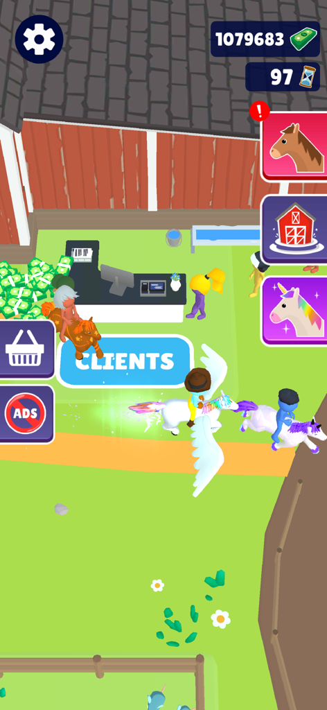 Horse Life - Horse Lifeのトップダウンゲームプレイ画面。カラフルな牧場でペガサスに乗るキャラクターが表示されている。