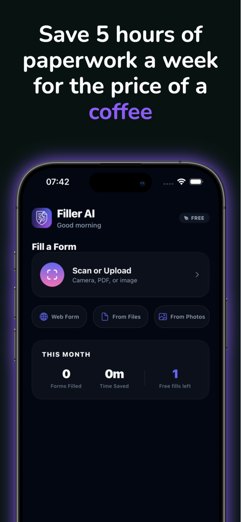 Filler AIアプリのダッシュボード。スキャンまたはアップロードオプションと、節約された時間を示す統計が表示されています。