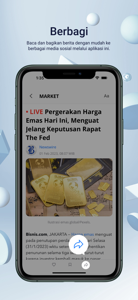 Bisnis.com mobile app screen showing a news article about gold prices with sharing icons