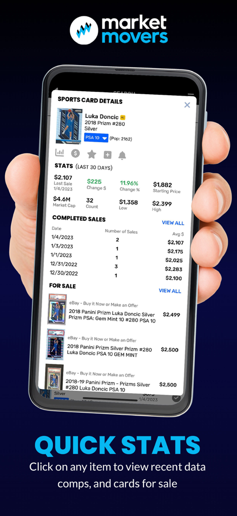 Market Movers - Market Movers app screen displaying detailed market statistics and sales history for a sports trading card
