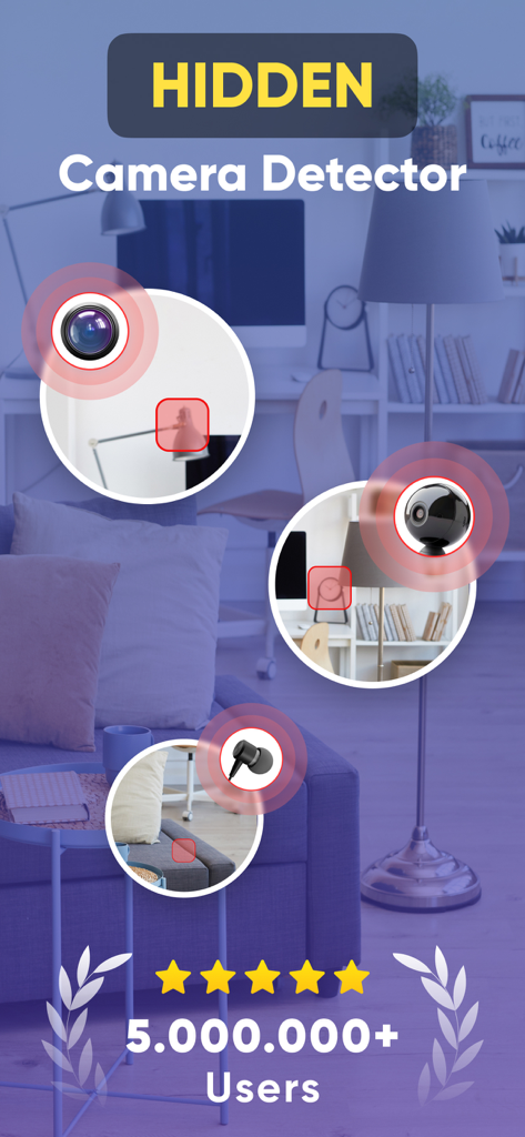 Spy Camera Scanner - SpyGuard - SpyGuardアプリのインターフェース。500万ユーザー達成の部屋の隠しカメラ検出を表示