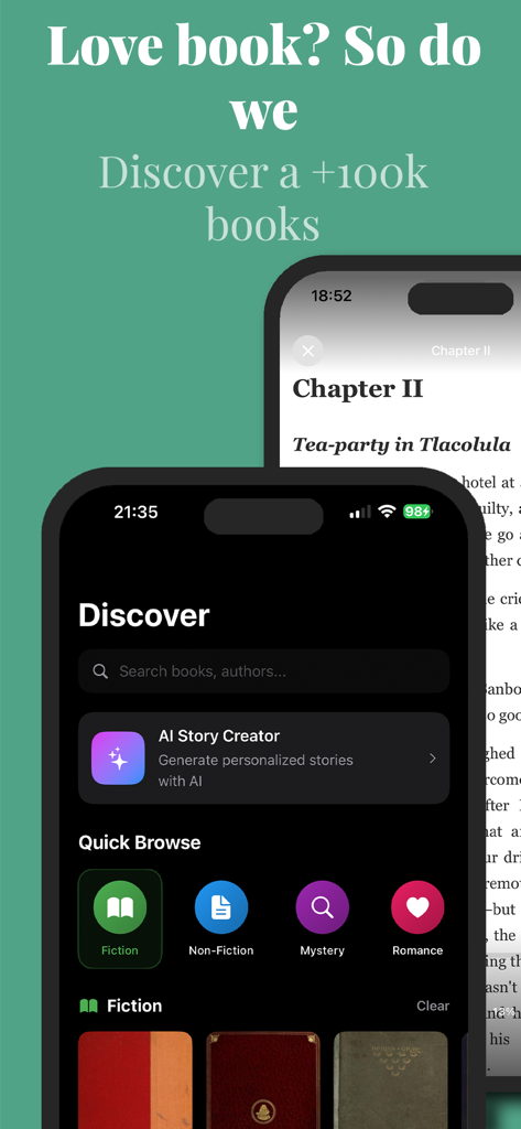 AI Story: Read & Book Tracker - Screenshots of the AI Story app showing the book discovery interface and the built-in reader feature.