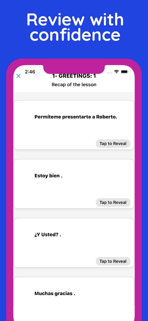 Haitian Creole with Lengweezee - Review screen of the Lengweezee app showing Spanish greeting phrases and interactive flashcards