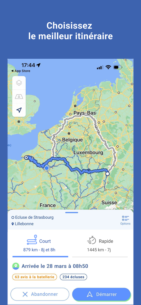 Vue cartographique de l'application Navi - VNF montrant un itinéraire de navigation planifié entre Strasbourg et Lillebonne en France.