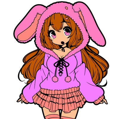 pretty anime girl wearing a fluffy hoodie with bunny ears on the hood and a skirt