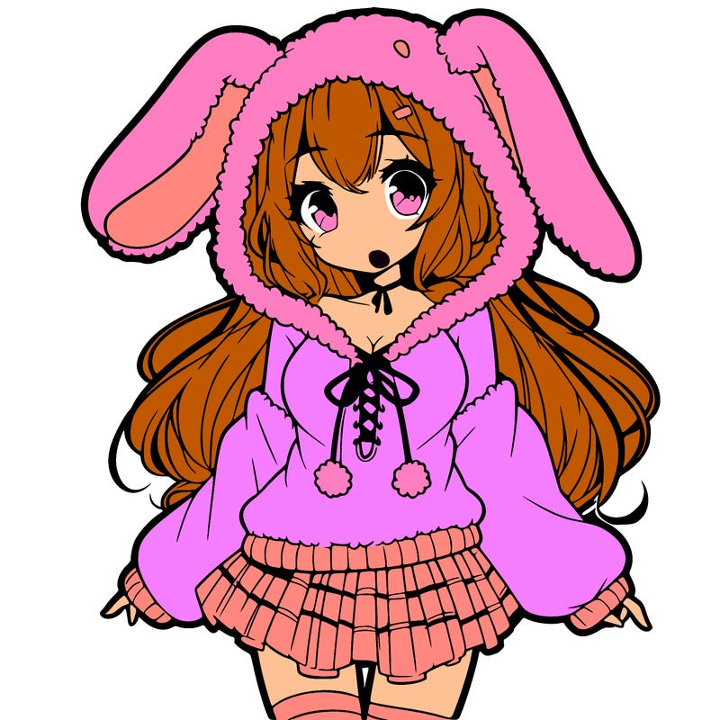 pretty anime girl wearing a fluffy hoodie with bunny ears on the hood and a skirt