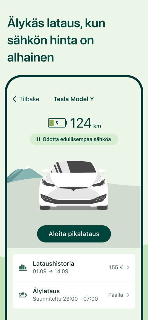 Nordic Green Energy Finland - テスラのステータスを表示するNordic Green EnergyアプリのスマートEV充電ダッシュボード。
