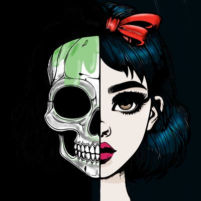 realistic girl with half skull mask