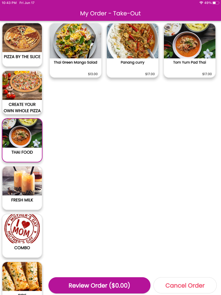 A digital restaurant menu on the Snappy POS Kiosk app showing various Thai dishes with images and prices