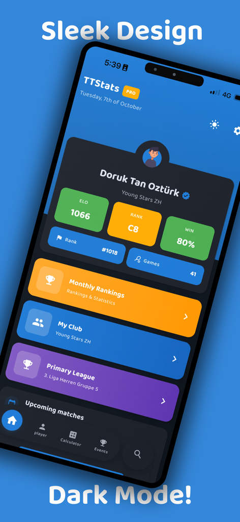 Table tennis player profile dashboard with stats and rankings in dark mode