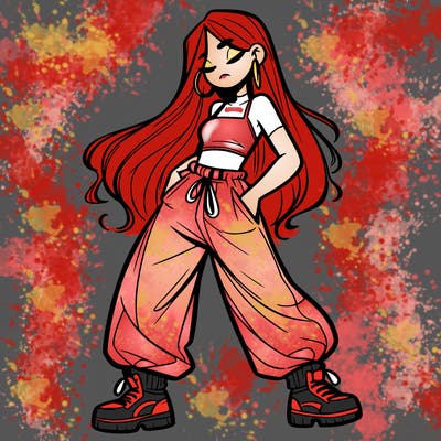 girl in baggy pants crop top and long hair