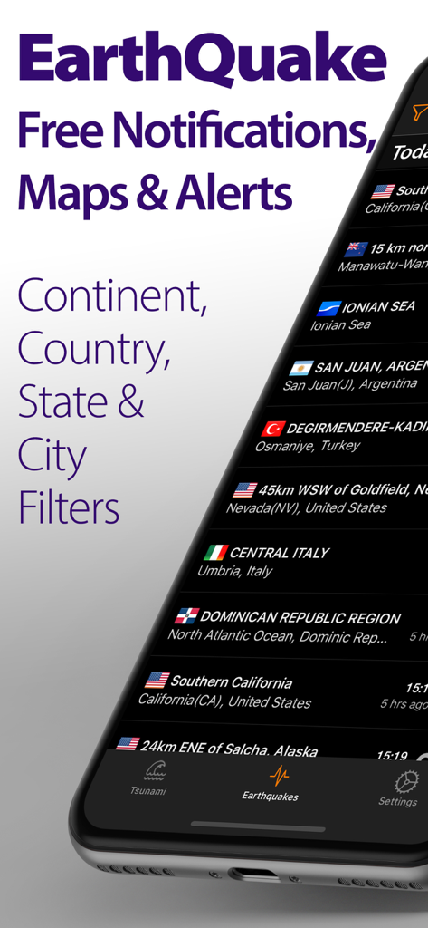 EarthQuake plus app interface showing a list of global seismic events and location filters on a smartphone screen