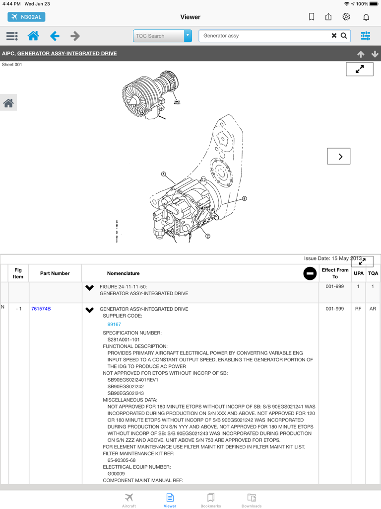 Diagramma tecnico e descrizione dei ricambi di un gruppo generatore nell'app Boeing Toolbox