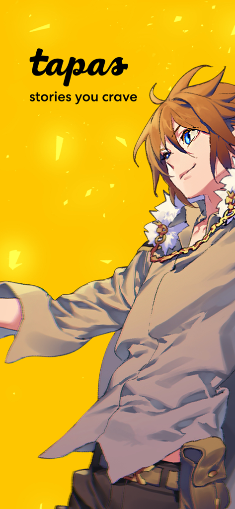 Tapas – Comics and Novels - Tapas app promotional screen featuring Arthur Leywin from The Beginning After the End on a yellow background