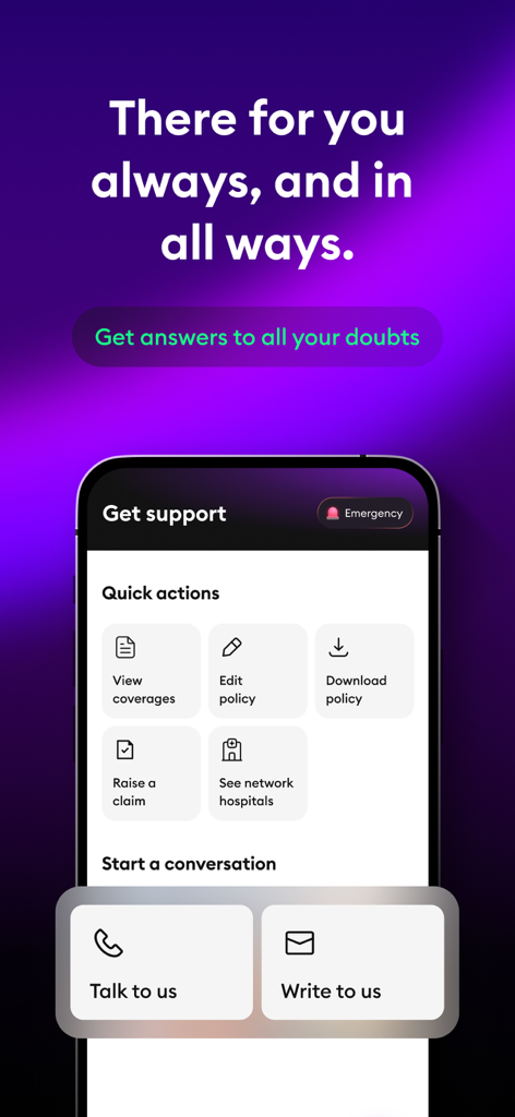 ACKO Insurance app support screen with options to manage policies and contact customer service via call or email.