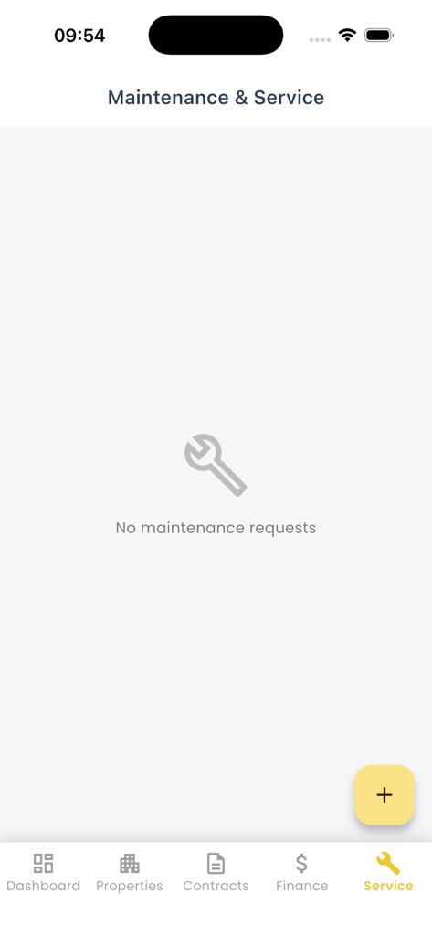 Read Progre: Renting-Tenants - A tela de gerenciamento de solicitações de manutenção e serviço no aplicativo Read Progre, mostrando um estado vazio sem solicitações ativas.