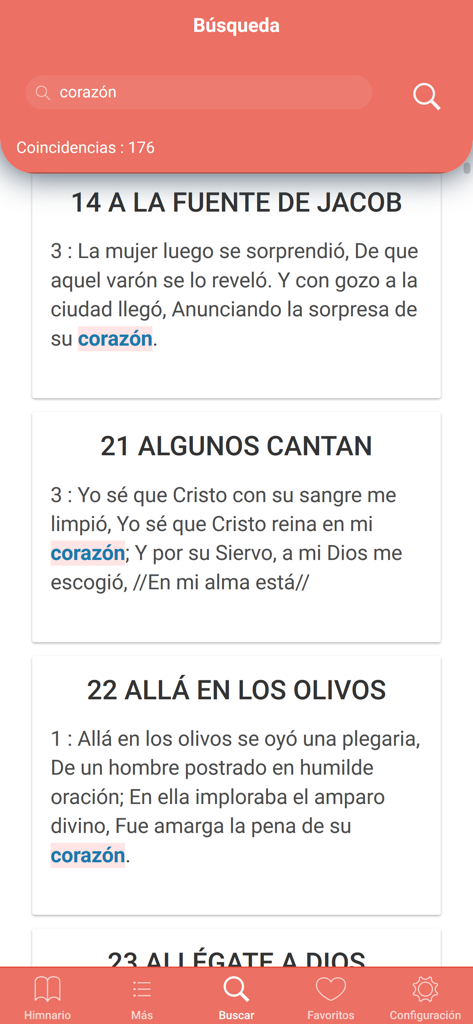 Pantalla de búsqueda de la aplicación móvil que muestra los resultados de himnos para la palabra corazon en español con la letra resaltada.