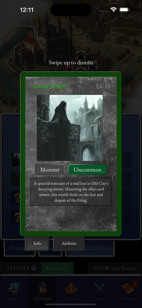 Prado Traveler - Fitness RPG - Detail screen showing a Gutter Wraith monster card with stats and lore in the Prado Traveler app.