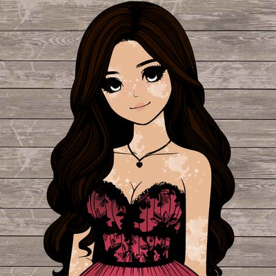 realistic girl with long hair and pretty prom dress