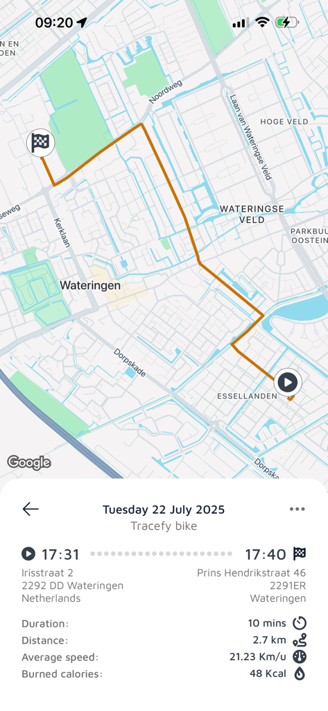 Tracefy Pro - Tracefy Pro app interface showing a mapped route and trip statistics for a tracked vehicle