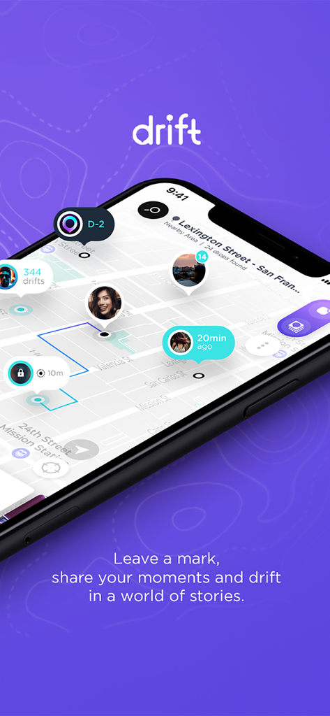 Schermata di uno smartphone che mostra la mappa dell'app Drift con drop di storie utente interattivi e marcatori di posizione