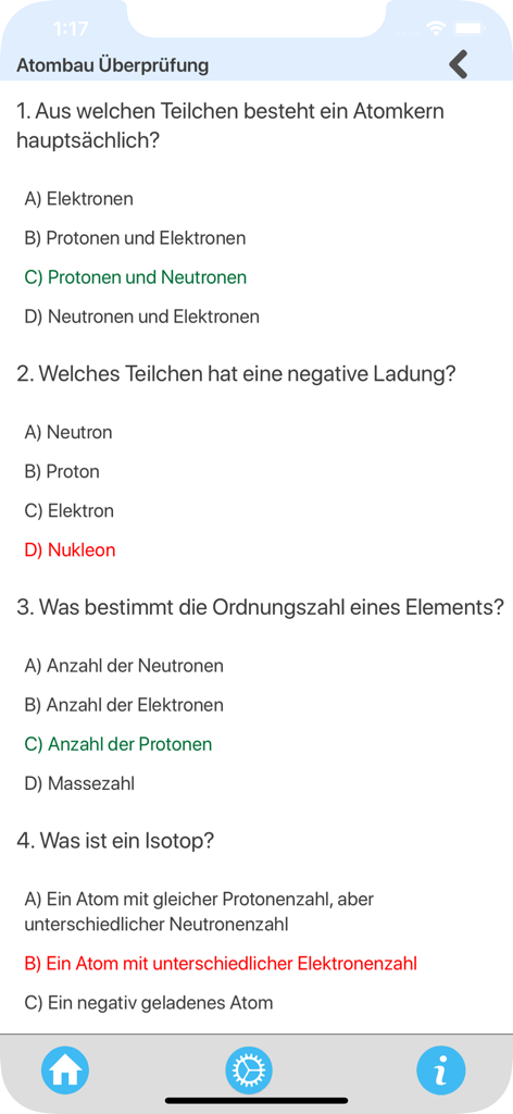 Teste dein Chemie-Wissen - 原子構造に関する質問と解答が表示される化学クイズインターフェイス。正解と不正解の回答には色分けされたフィードバックが表示されます。