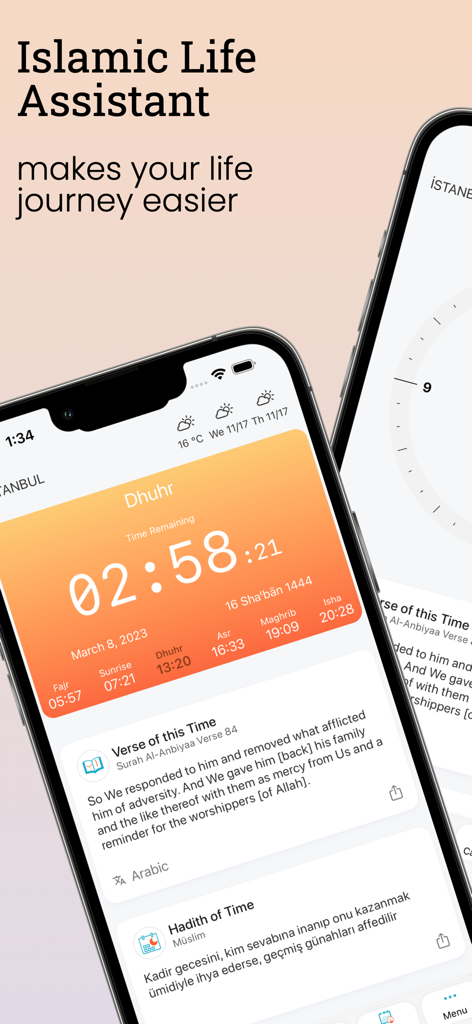 Interfaccia dell'app Azan Time Pro che mostra un conto alla rovescia per la preghiera del Dhuhr e un verso del Corano giornaliero